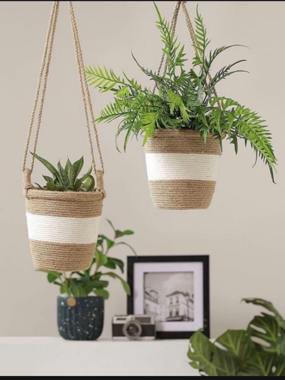 Natural Jute & White Hanging Planter - Home Accents